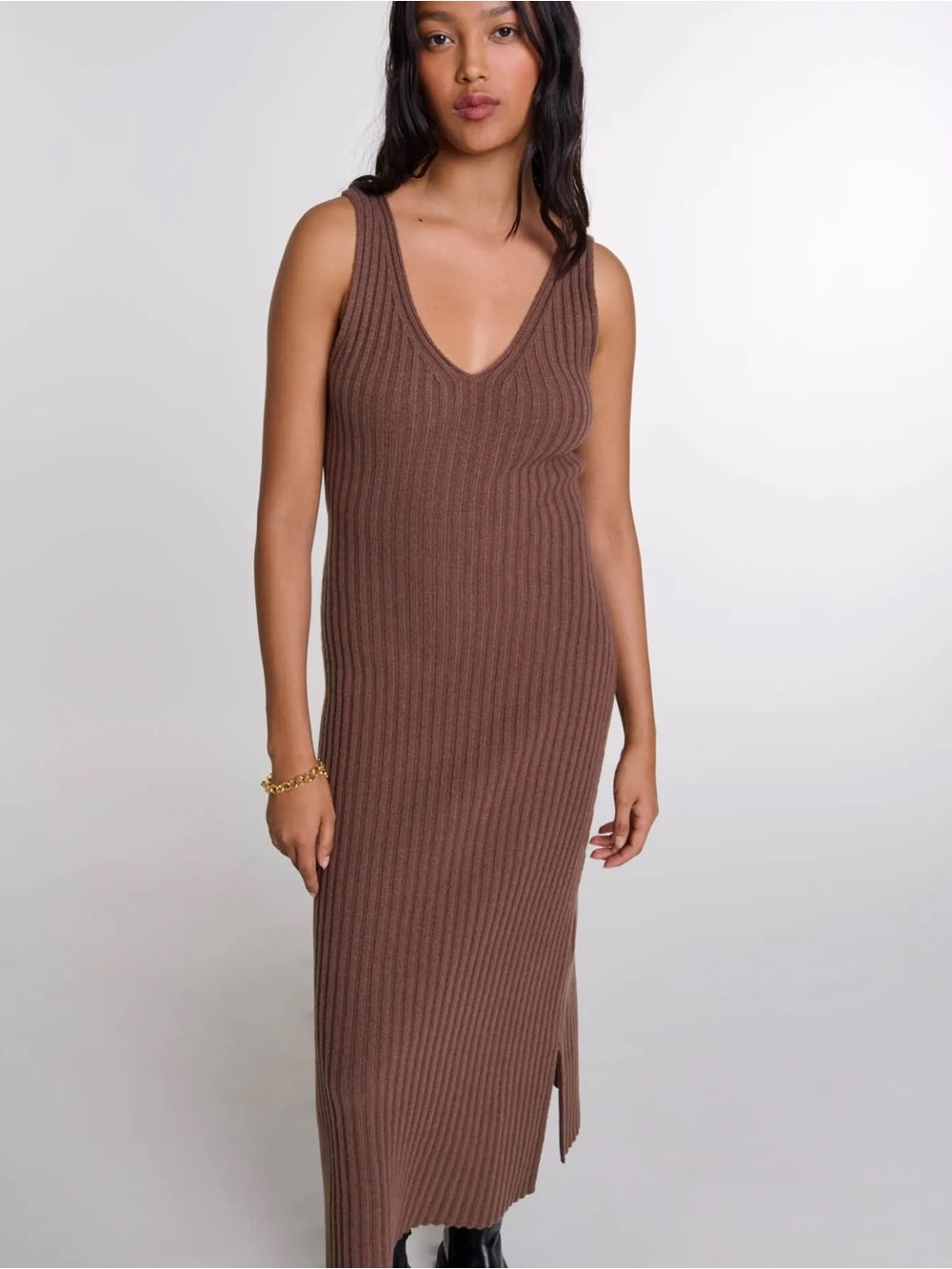 Maje Brown Ribbed V-Neck Maxi Dress (flaw)